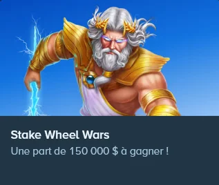 Bannière Stake Wheel Wars part de 150 000$ à gagner