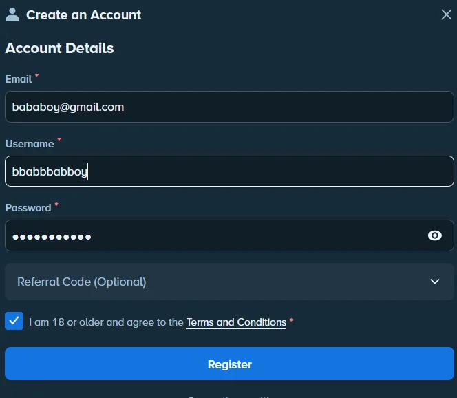 Formulaire d'inscription Stake email pseudo mot de passe